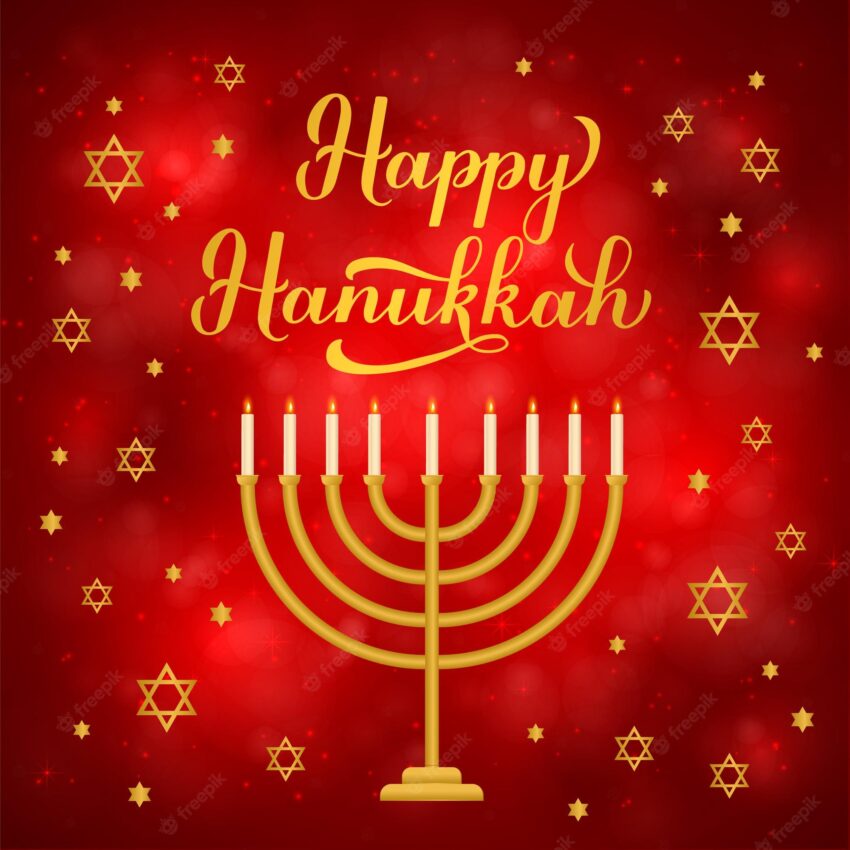 Happy hanukkah calligraphy lettering and gold stars of david and menorah candle on red background jewish holiday festival of lights vector template for banner poster greeting card flyer postcard
