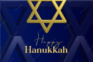 Happy hanukkah card design with gold symbol on blue color background for hanukkah jewish holiday