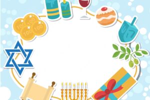 Happy hanukkah card, template for text, frame. hanukkah is a jewish holiday. greeting card with menorah, sufganiyot, dreidel. vector illustration