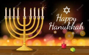 Happy hanukkah card template with symbols and lights