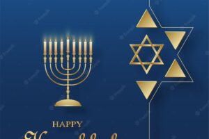 Happy hanukkah card with nice and creative symbols on  blue color background