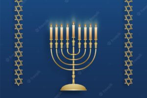 Happy hanukkah card with nice and creative symbols and gold paper cut style on color background for hanukkah jewish holiday (translation : happy hanukkah day, hag hahanukka)