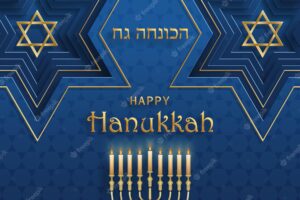 Happy hanukkah card with nice and creative symbols and gold paper cut style on color background for hanukkah jewish holiday (translation : happy hanukkah day, hag hahanukka)