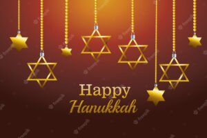 Happy hanukkah celebration card with stars hanging