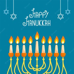 Happy hanukkah celebration concept with illuminated candelabra hanging star of david decorated on blue background