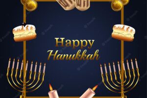 Happy hanukkah celebration lettering with set icons in golden frame