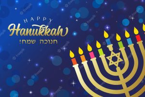 Happy hanukkah elegant lettering, golden menorah. blue background. jewish text - happy hanukka.