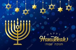 Happy hanukkah, golden menorah and david stars on blue background. jewish holiday chanukah greetings