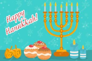 Happy hanukkah greeting card, invitation, poster. hanukkah jewish festival of lights, feast of dedication. hanukkah greeting card with menorah, sufganiyot, dreidel. vector illustration
