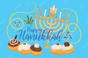 Happy hanukkah greeting card or postcard, designed with lettering and hand drawn holiday symbols.