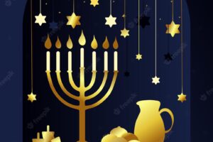 Happy hanukkah greeting card vector illustration with golden menorah