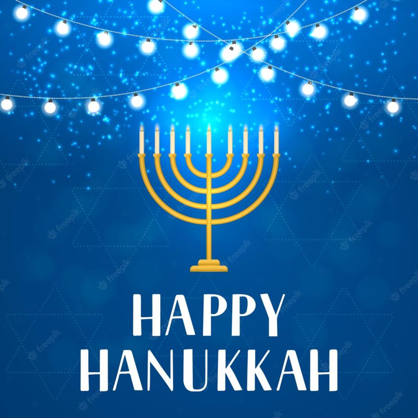 Happy hanukkah hand lettering with string lights and menorah candle on blue background vector template for jewish holiday greeting card banner celebration poster flyer postcard invitation etc