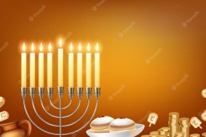Happy hanukkah jewish festival celebration background with menora candelabrum lights six pointed david star symbols