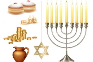 Happy hanukkah jewish festival celebration set with menora candelabrum lights six pointed david star symbols vector illustration