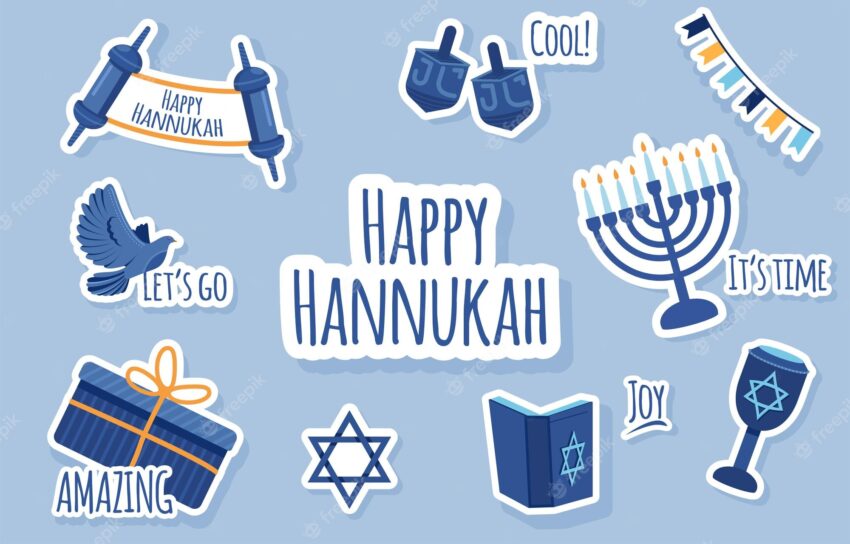 Happy hanukkah, jewish festival of lights doodle art. cute greeting sticker vector illustration.