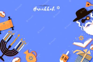 Happy hanukkah. the jewish festival of lights. jew man character in david stars glasses. festive menorah, dreidel. sweet traditional bake and golden lights. space for text. paper cut style.