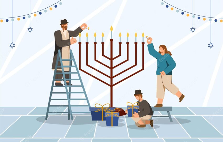 Happy hanukkah, jewish festival of lights poster. religious festive symbols vector illustration.