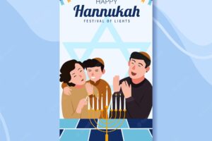 Happy hanukkah, jewish festival of lights poster. religious festive symbols vector illustration.