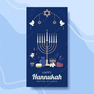 Happy hanukkah, jewish festival of lights poster. religious festive symbols vector illustration.