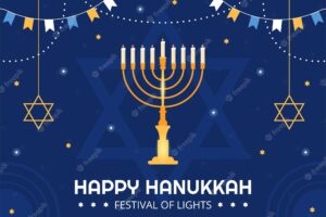 Happy hanukkah jewish holiday template hand drawn cartoon flat illustration with traditional symbols