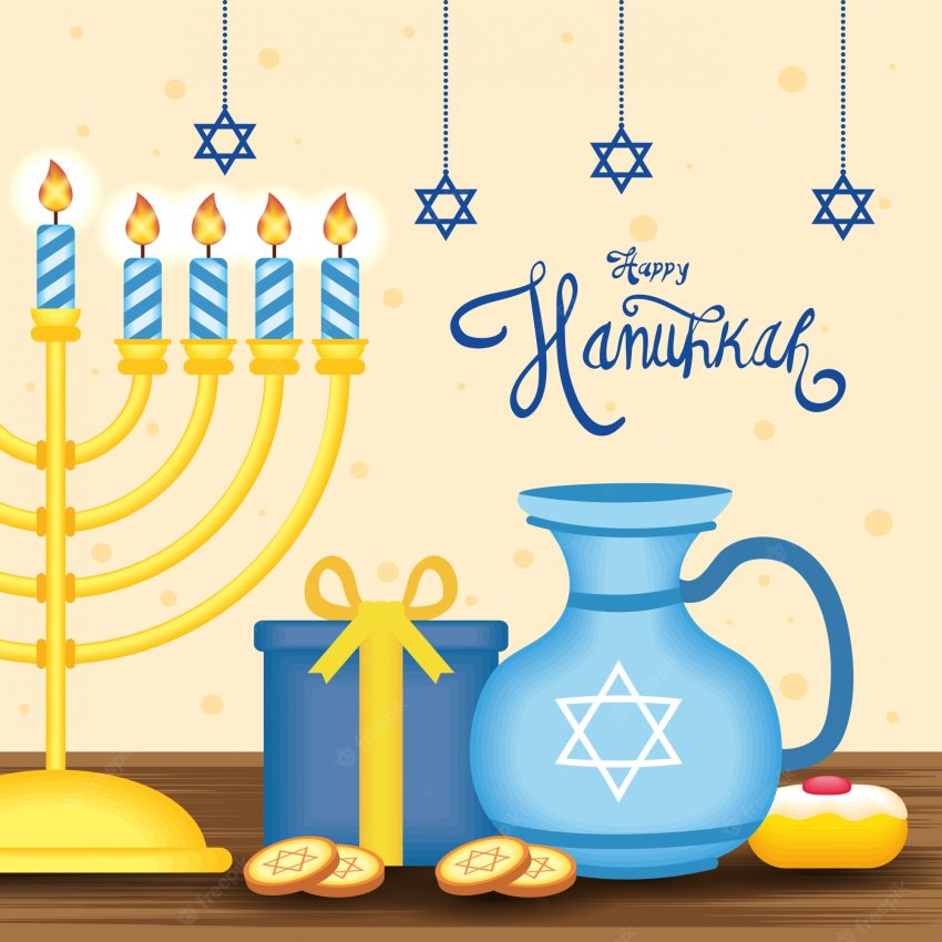 Happy hanukkah lettering with chandelier
