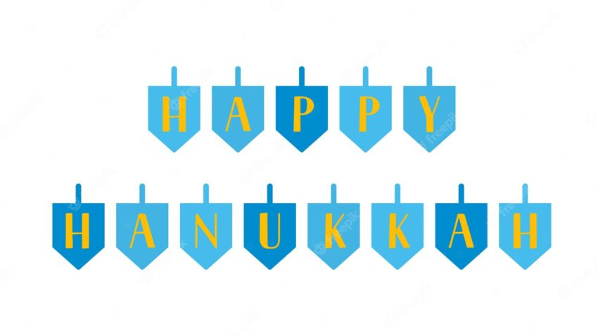 Happy hanukkah lettering with dreidels jewish holiday festival of lights easy to edit vector template for banner typography poster greeting card invitation flyer tshirt etc