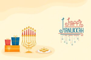 Happy hanukkah lettering with hanging stars of david lit candelabra gift boxes and sufganiyah jelly donut on pastel yellow background
