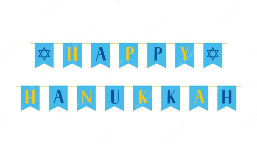 Happy hanukkah lettering with party flags jewish holiday festival of lights easy to edit vector template for banner typography poster greeting card invitation flyer tshirt