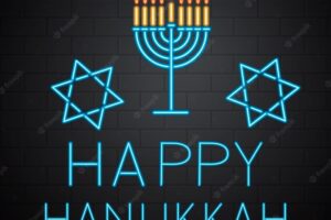 Happy hanukkah neon banner with lettering and menorah candle on brick wall background jewish holiday festival of lights easy to edit vector template for greeting card poster invitation flyer