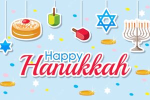 Happy hanukkah poster design with desserts and ornaments
