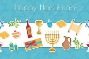Happy hanukkah seamless poster. happy hanukkah greeting card, flyer, invitation. hanukkah is a jewish holiday. greeting card with menorah, sufganiyot, dreidel. vector illustration