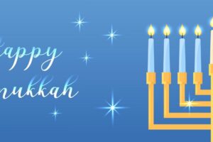Happy hanukkah web banner vector horizontal illustration with traditional jewish religious holiday symbol shiny chanukiah candle holder glowing internet banner
