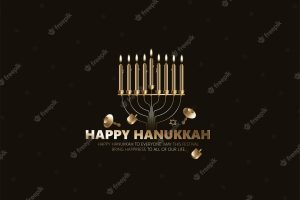 Happy hanukkah wish card with gold menorah, blue greeting card, invitation card