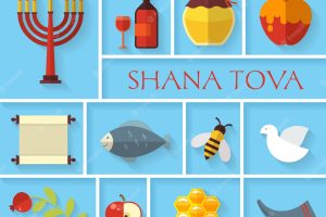 Happy jewish new year shana tova icons set. apple and honey, pomegranate and food,