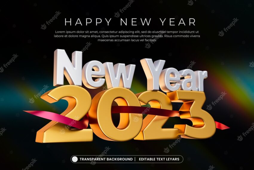 Happy new year 2023 gold text effect 3d rendering isolated