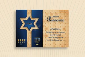 Happy passover card, the pessah holiday with nice and creative jewish symbols and gold paper cut style on color background for pesach jewish holiday (translation : happy passover)