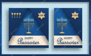 Happy passover card, the pessah holiday with nice and creative jewish symbols and gold paper cut style on color background for pesach jewish holiday (translation : happy passover)