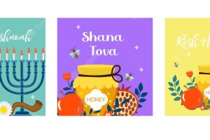Happy rosh hashanah greeting card. shana tova template for your design with traditional symbols and flowers. jewish holiday. happy new year in israel. vector illustration