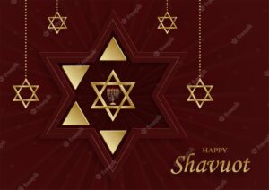 Happy shavuot card with nice and creative jewish symbols and gold paper cut style on color background for pesach jewish holiday translation happy shavuoth