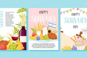 Happy shavuot day greeting cards set translation from hebrew text happy shavuot vector illustration