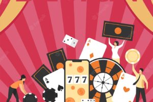 Happy tiny people gambling in online casino isolated flat flyer template