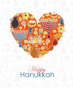 Heart with hand sketched happy hanukkah logotype badge and icon typography hand drawn lettering