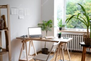High angle desk arrangement with laptop