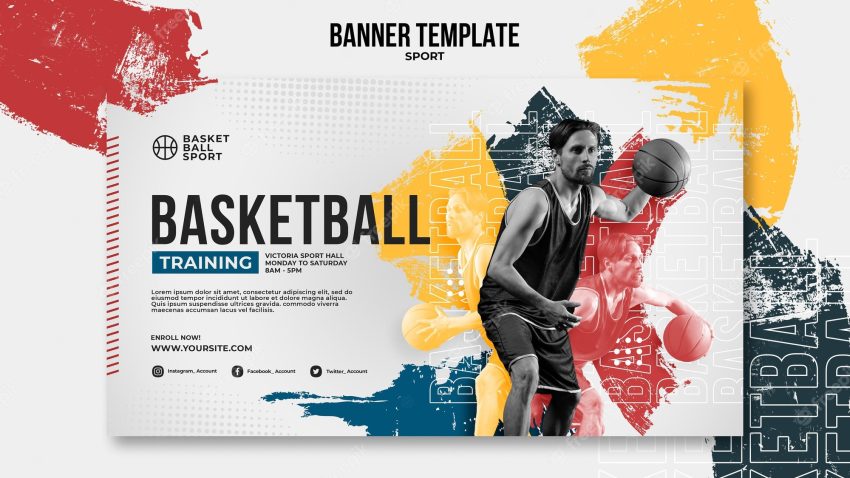 Horizontal banner template for basketball with male player