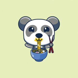 Illustration of cute panda cartoon mascot eating ramen noodles while standing