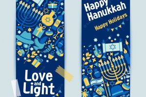 Jewish holiday hanukkah banner dark blue set and invitation traditional chanukah symbols.
