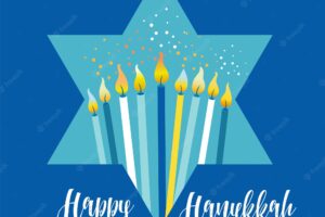 Jewish holiday hanukkah greeting card traditional chanukah symbols menorah candles in star david illustration on blue