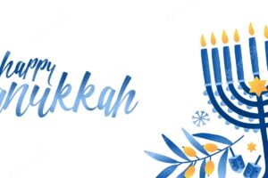 Jewish traditional holiday hannukah background. religious festive symbols vector illustration. menorah, pitta bread, hummus. shabbat, judaic feast congratulation calligraphic inscription.