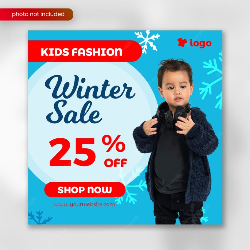 Kids fashion winter sale square banner template