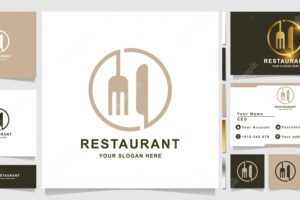 Knife and fork line or restaurant logo template with business card design